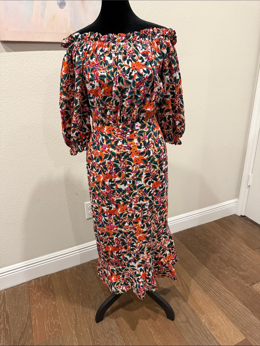 SALONI Floral Off-Shoulder Midi Dress in Pink and Orange